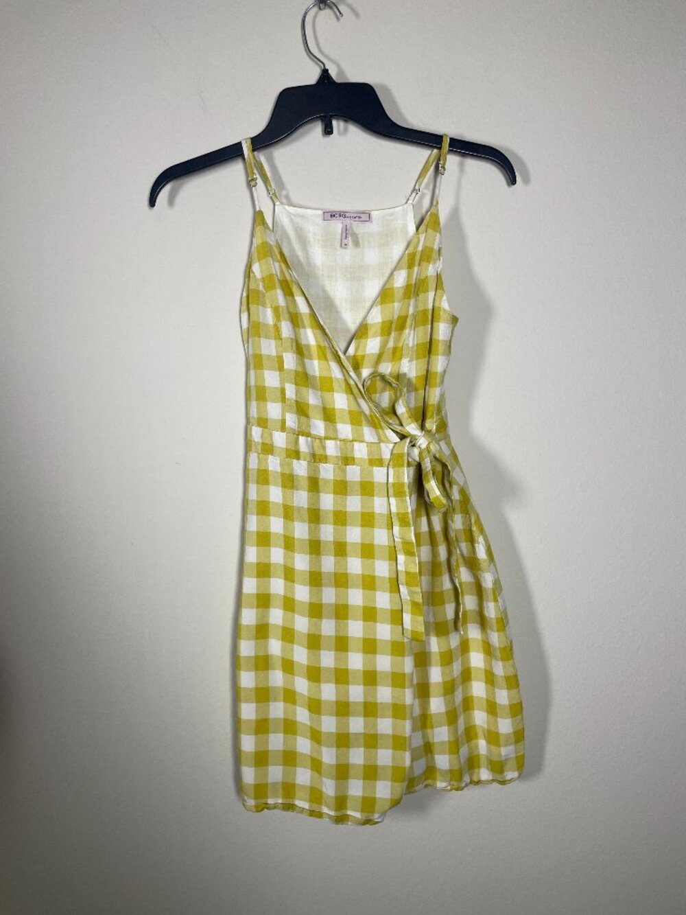 BCBGeneration Gingham Wrap Dress Yellow White Sz XS Retro Picnic Resort!